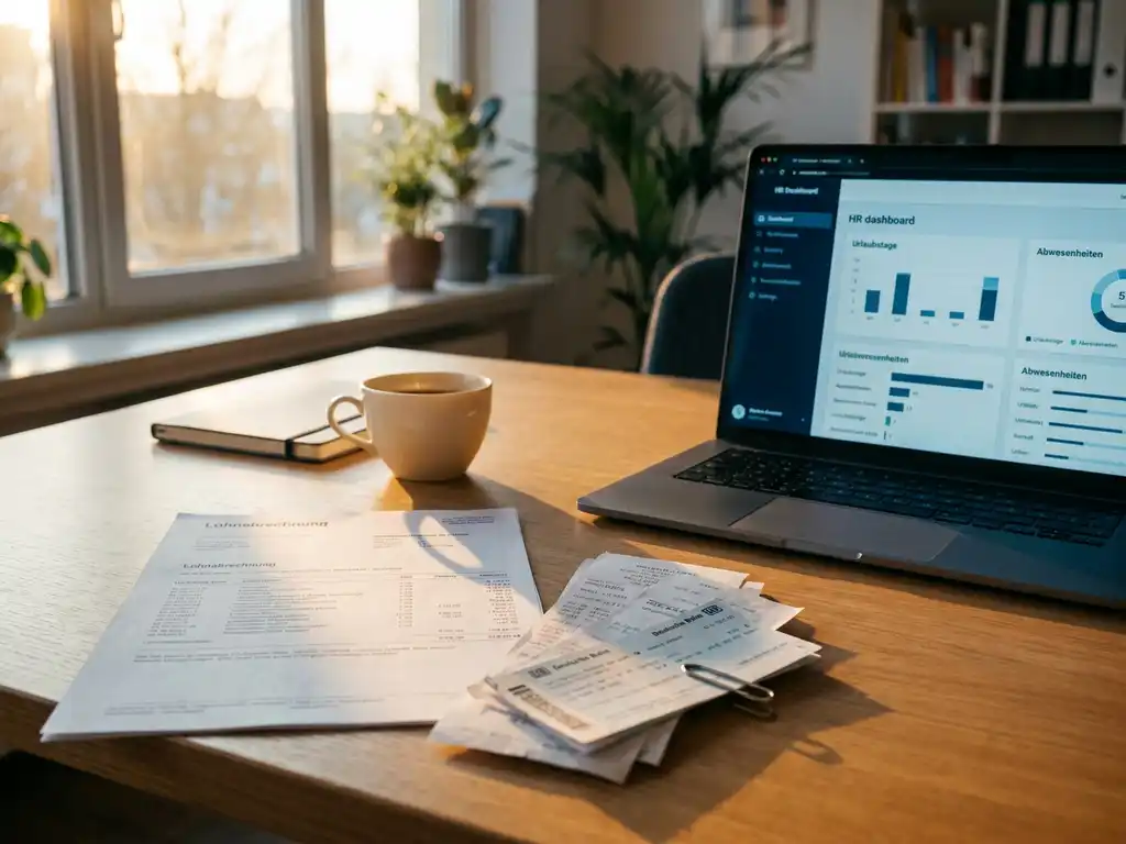 Aufgeräumter Büroschreibtisch mit Lohnabrechnung, Belegen, Laptop mit HR-Software und Kaffeetasse im warmen Abendlicht.