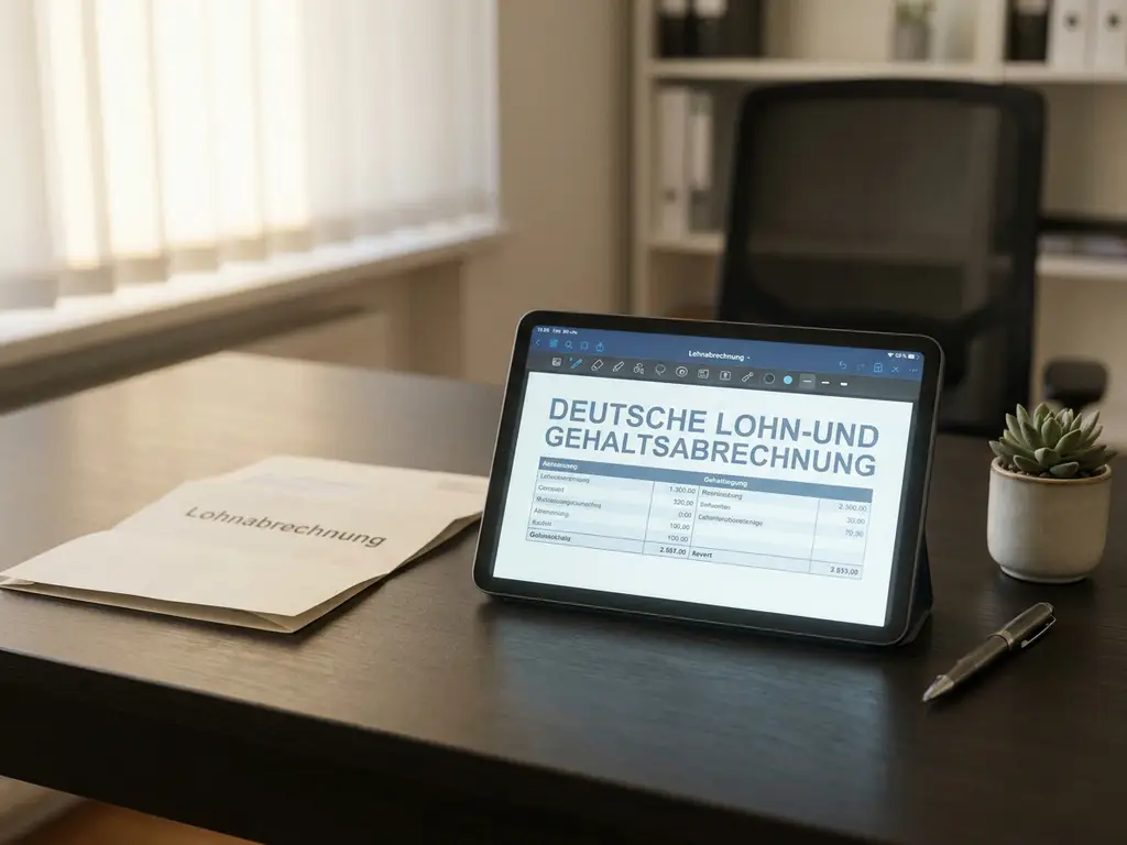 lohnabrechnung gehaltszettel digital buero.jpg Digitale Lohnabrechnung auf Tablet-Bildschirm neben gefaltetem Papierdokument auf modernem deutschen Büroschreibtisch.