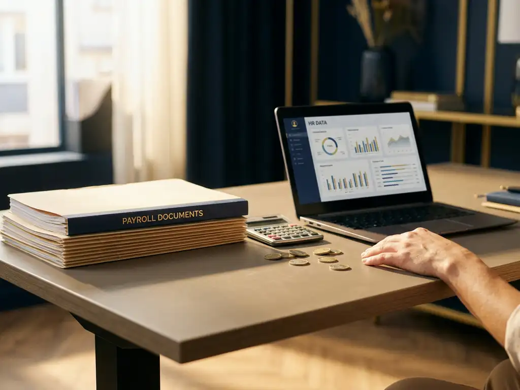 Moderner Schreibtisch mit Gehaltsabrechnungsordner, Laptop mit HR-Dashboard, Taschenrechner und Euromünzen im warmen Bürolicht.