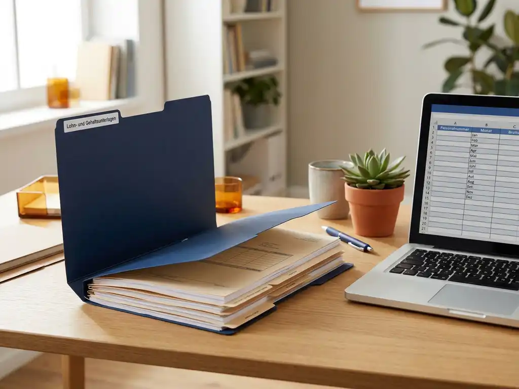 Geöffneter Gehaltsabrechnungsordner auf modernem Schreibtisch neben Laptop mit Tabellenkalkulation, Zimmerpflanze, natürliches Seitenlicht.