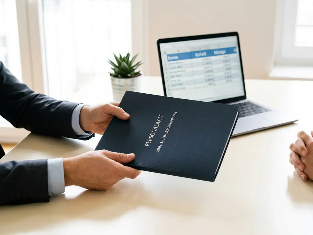 Gehaltsabrechnungsmappe wird über modernen Schreibtisch gereicht, Laptop mit Tabellen und Topfpflanze im Hintergrund.