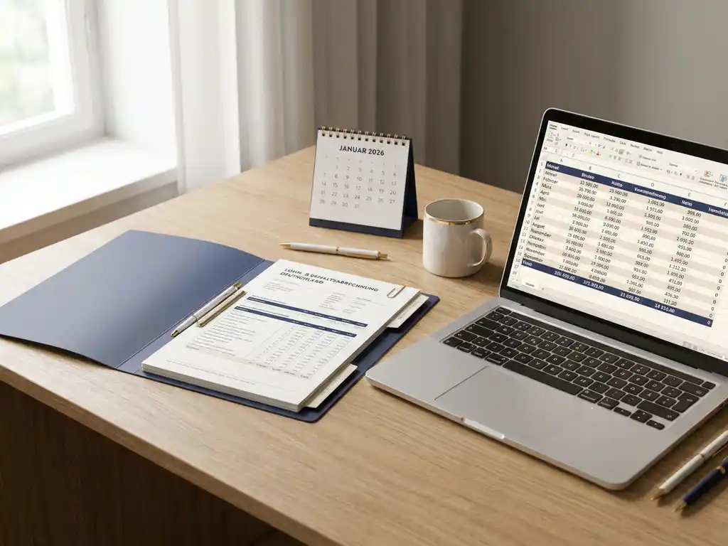 Geöffneter Gehaltsabrechnungsordner auf modernem Schreibtisch neben Laptop mit Datentabellen und Tischkalender 2026.