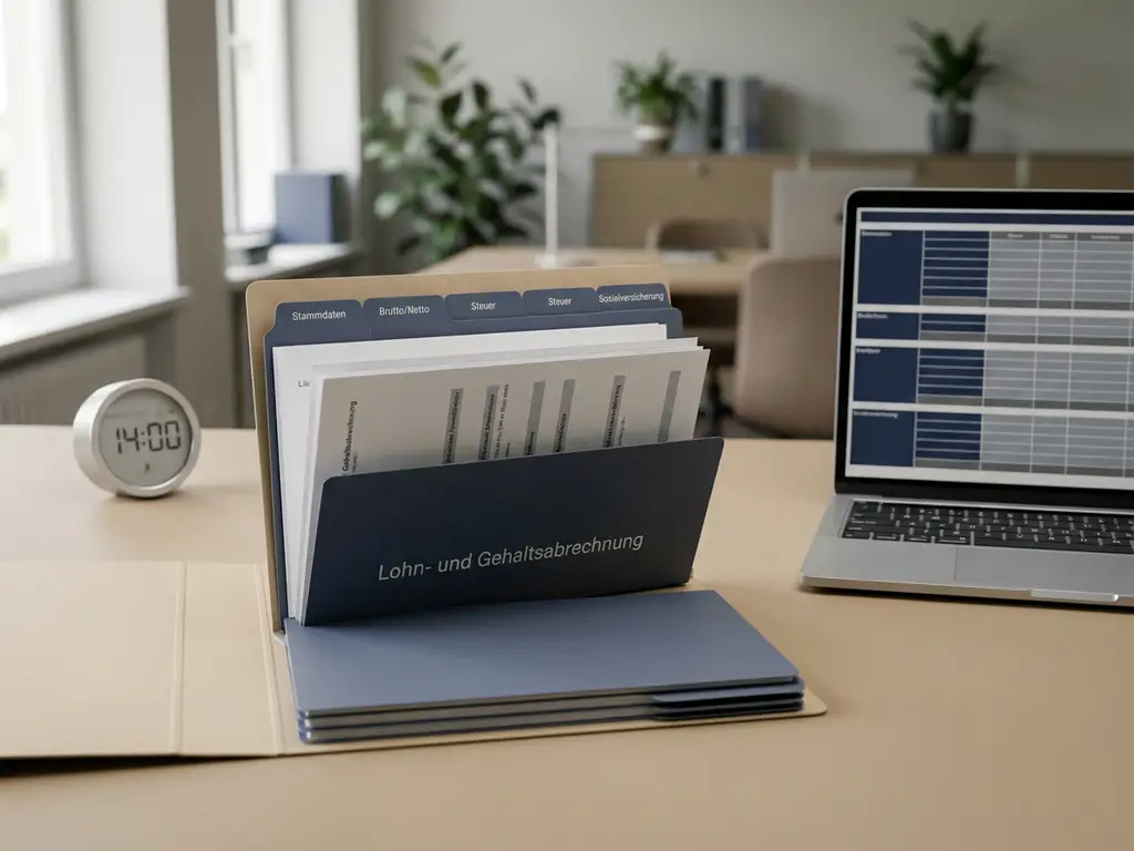 Geöffneter Gehaltsabrechnungsordner auf modernem Schreibtisch neben Laptop mit tabellarischen Daten und kleiner Tischuhr.