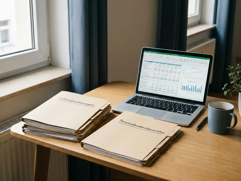 HR-Manager-Schreibtisch mit getrennten Stapeln für Lohnberichte und Personalkostenübersichten, offenem Laptop mit Tabellendaten, Kaffeetasse und Stift.