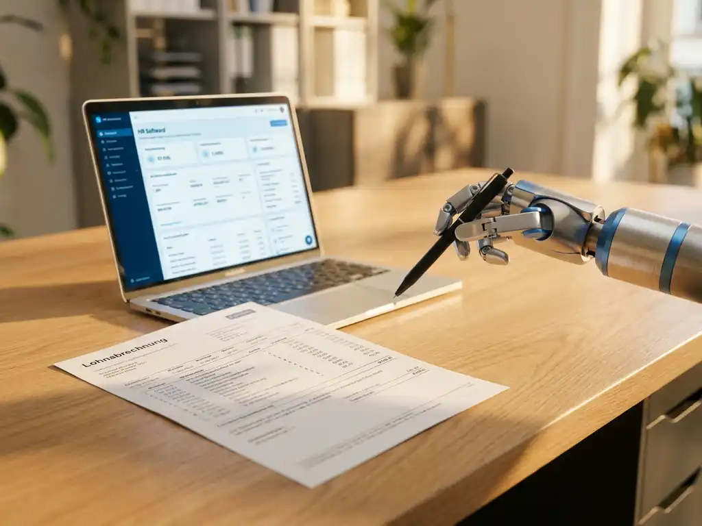 Roboterarm mit Stift über deutschem Gehaltsabrechnungsdokument auf modernem Schreibtisch neben Laptop mit HR-Software.