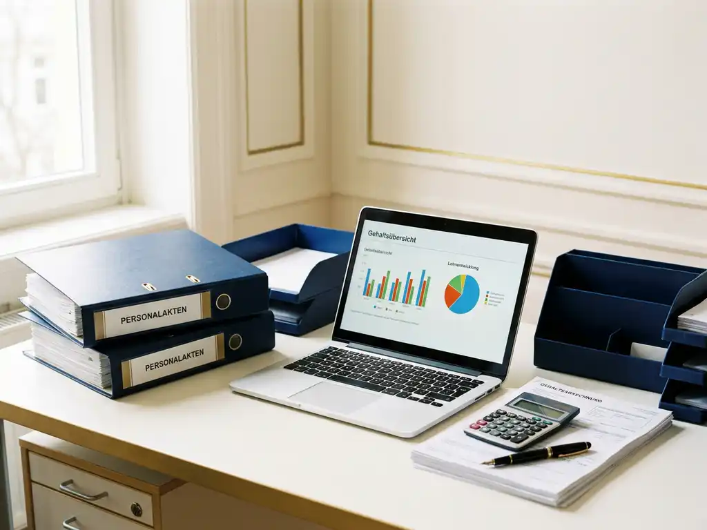 gehaltsabrechnung personalbuero lohnbuchhaltung desk.jpg Ordentlicher Lohnbuchhaltungs-Schreibtisch mit Personalakten, Laptop mit Gehaltsdiagrammen und Lohnabrechnungen im Büro.