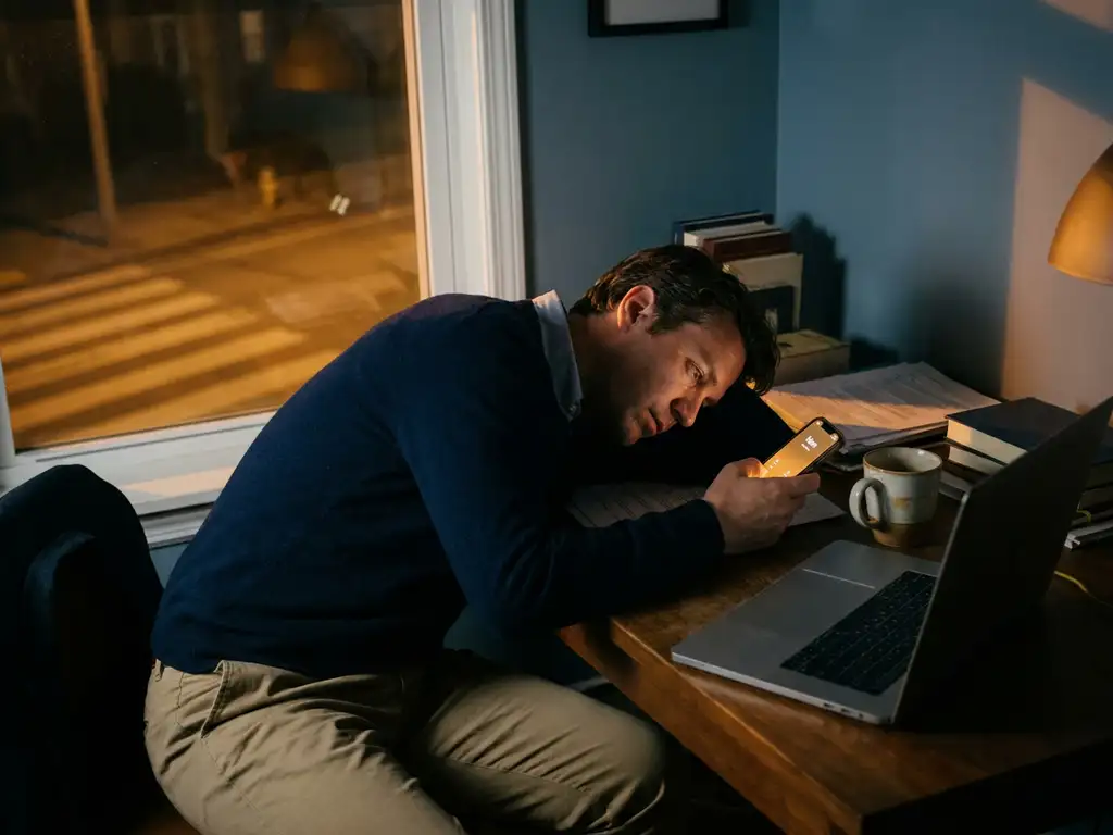 Erschöpfter Berufstätiger am Homeoffice-Schreibtisch nachts, leuchtend Smartphone mit eingehendem Anruf, Kaffeetasse und Laptop daneben.