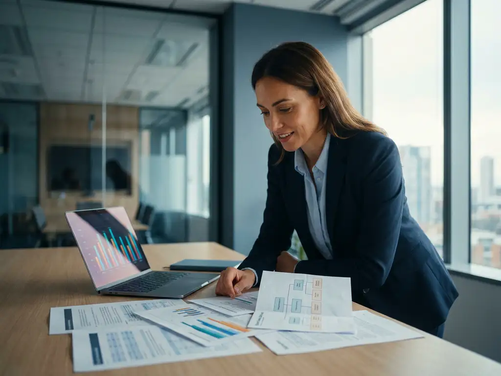 HR-Fachkraft analysiert ausgedruckte Workforce-Analytics-Berichte am modernen Schreibtisch, Laptop mit Balkendiagrammen und Organigramm sichtbar.