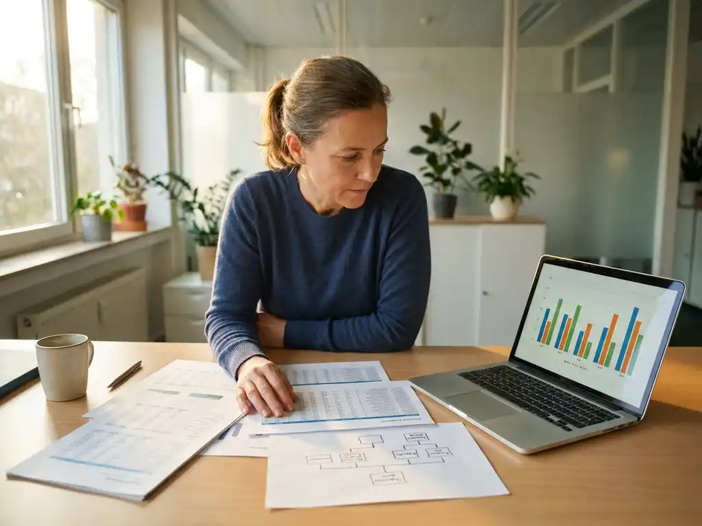 HR-Managerin analysiert ausgedruckte Workforce-Analytics-Berichte am modernen Büroschreibtisch mit Laptop und Organigramm.