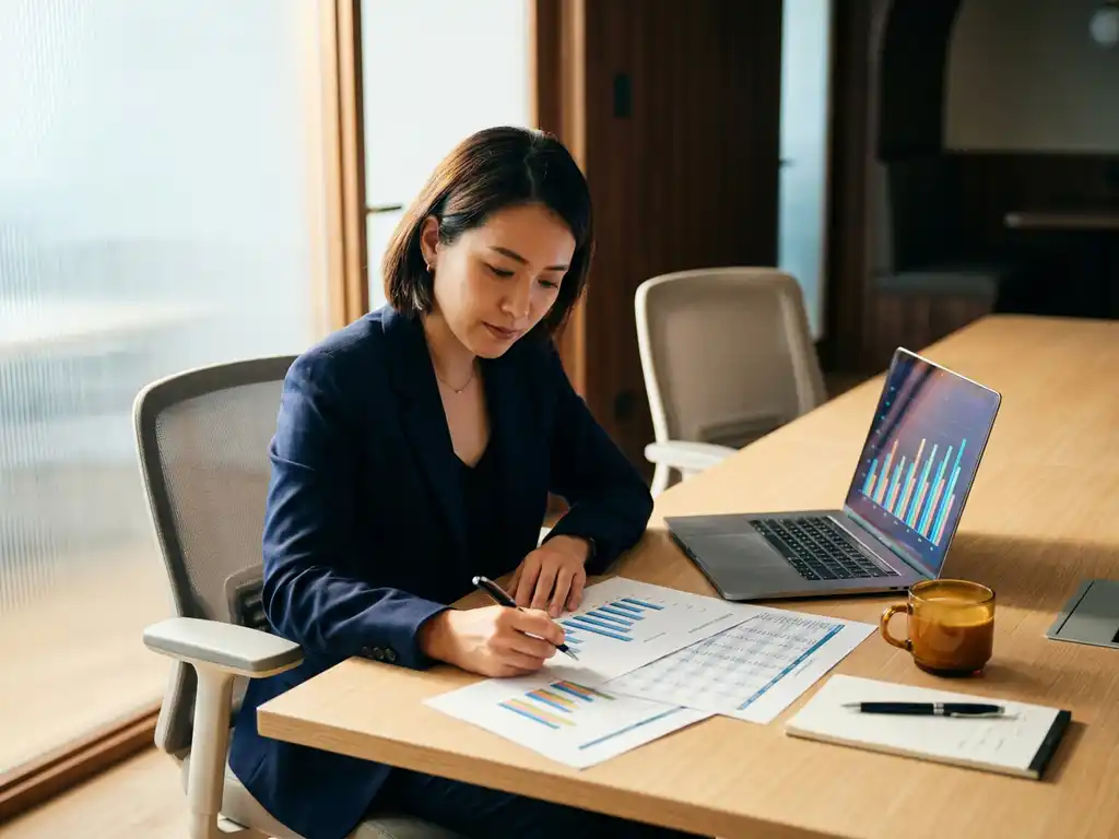 HR-Fachkraft analysiert Personalanalyse-Diagramme am modernen Schreibtisch mit Laptop, Kaffeetasse und Stift im warmen Bürolicht.