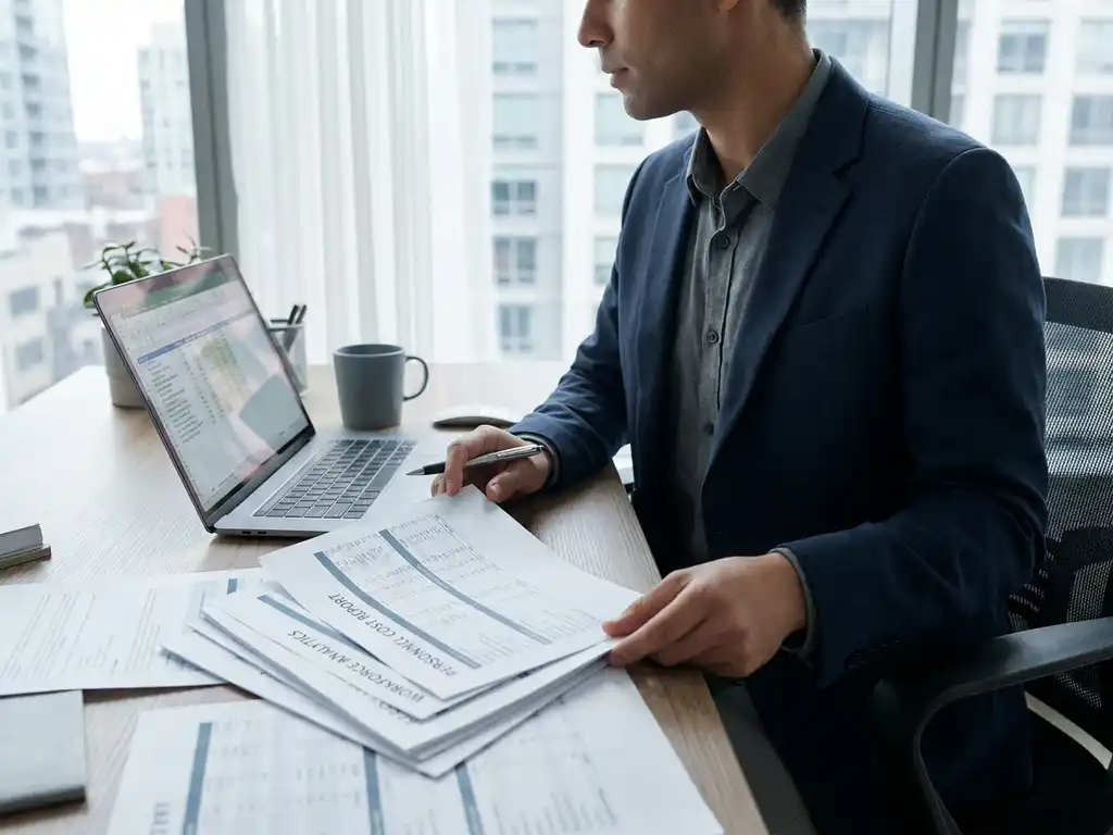 HR-Fachkraft analysiert Personalkostenberichte und Workforce-Analytics-Diagramme am modernen Schreibtisch mit geöffnetem Laptop.