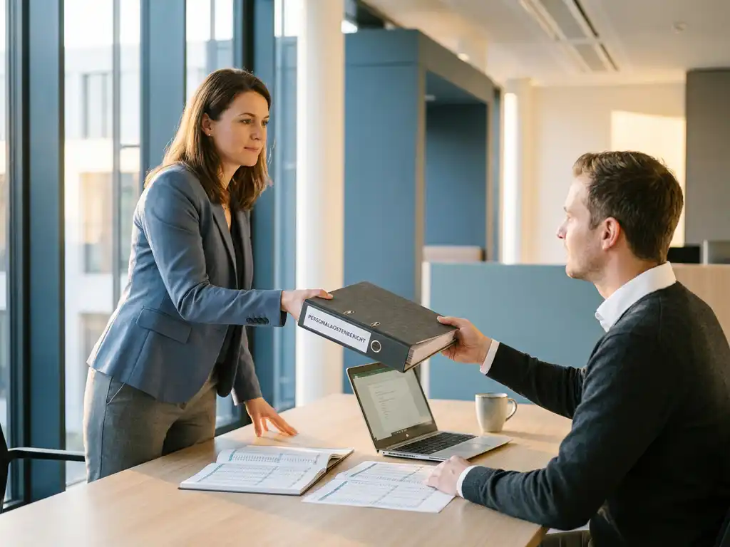 HR-Beraterin übergibt Personalkosten-Bericht an Unternehmer in modernem Büro mit Gehaltstabellen und Laptop auf dem Schreibtisch.