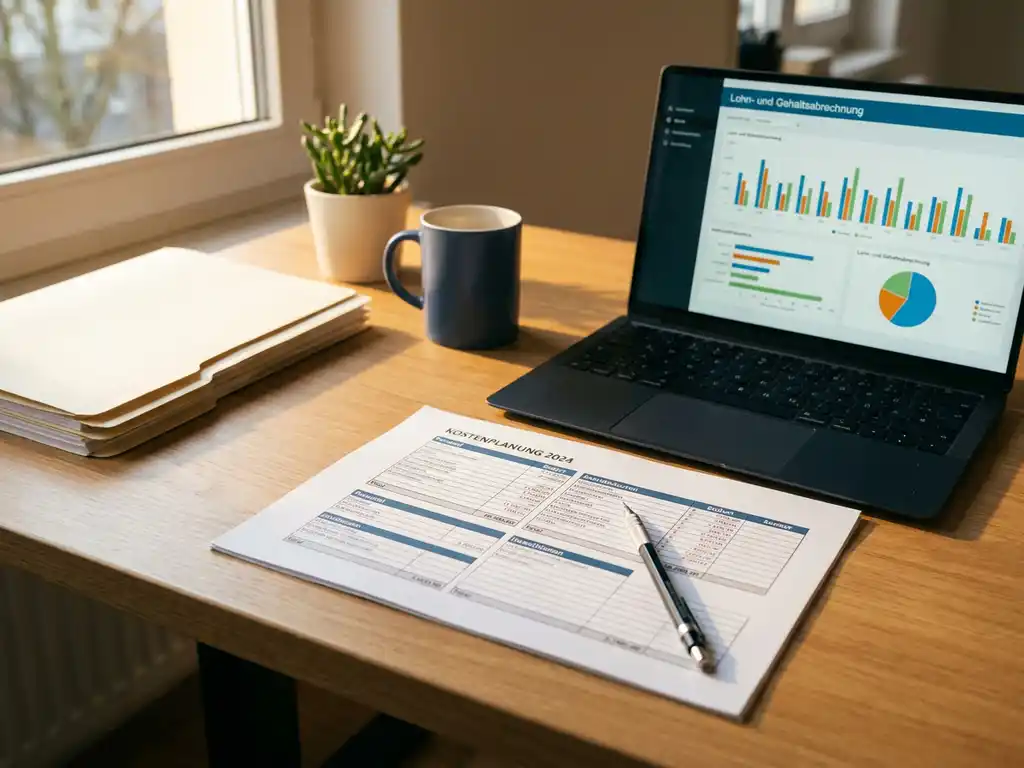 Aufgeräumter HR-Schreibtisch mit Gehaltsplanung-Tabelle, Laptop mit Lohndiagrammen und mechanischem Bleistift im warmen Fensterlicht.