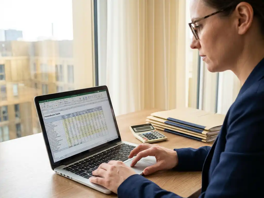 HR-Managerin analysiert Personalkosten-Tabelle auf Laptop, umgeben von Personalakten und Taschenrechner in modernem Büro mit Panoramafenstern.
