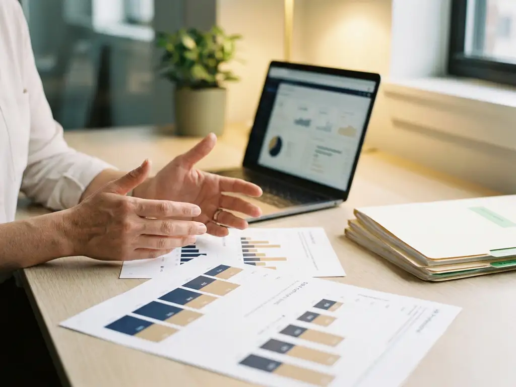 HR-Fachkraft analysiert ausgedruckte Workforce-Analytics-Diagramme an modernem Schreibtisch mit Laptop und Personalakten.