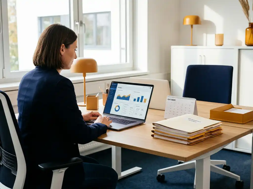 HR-Managerin analysiert Personaldaten auf Laptop-Dashboard, umgeben von Personalakten und Kalender in modernem deutschen Büro.