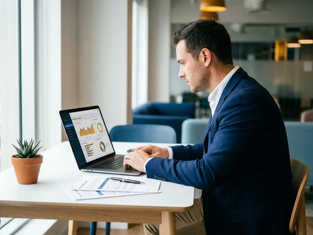HR-Managerin analysiert Workforce-Analytics-Dashboard auf modernem Laptop, daneben Personalberichte und Stift auf weißem Schreibtisch.