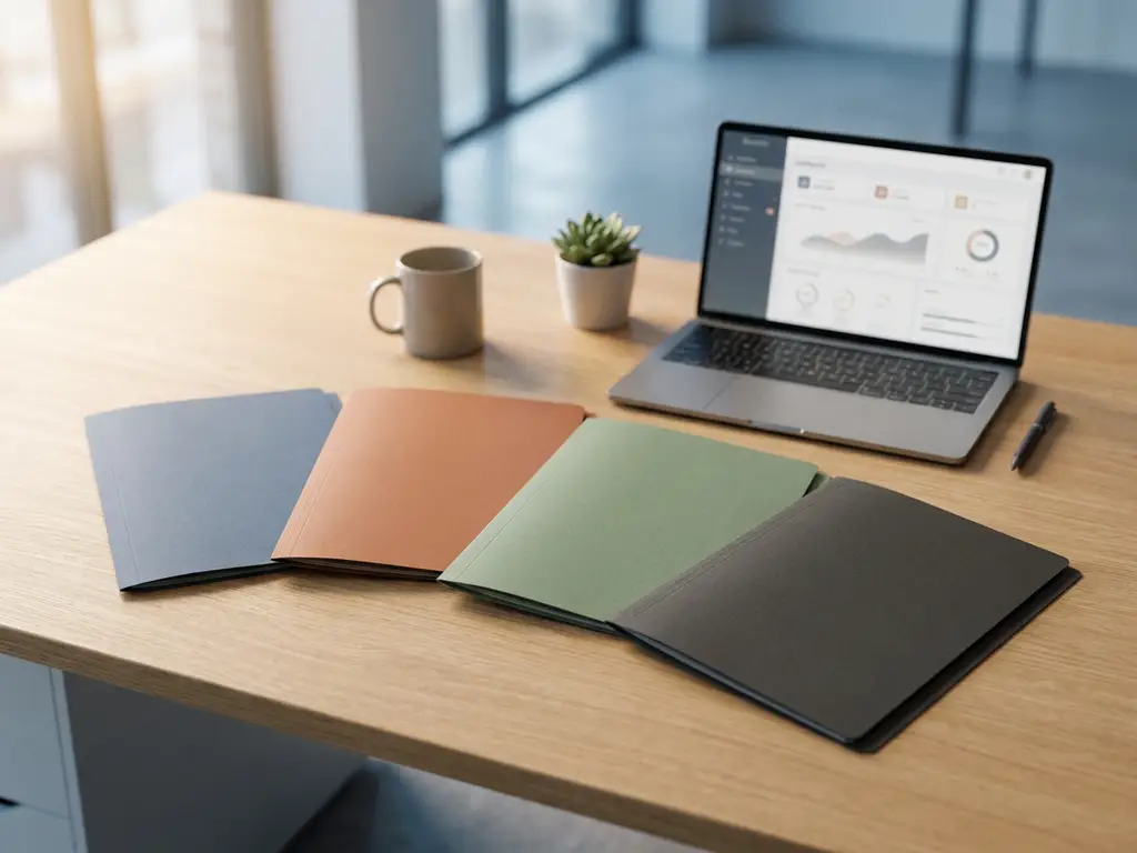 personalplanung hr software ordner ziele.jpg Vier farbige Ordner in Blau, Terrakotta, Grün und Anthrazit im Halbkreis auf einem Schreibtisch, HR-Software auf Laptop im Hintergrund.