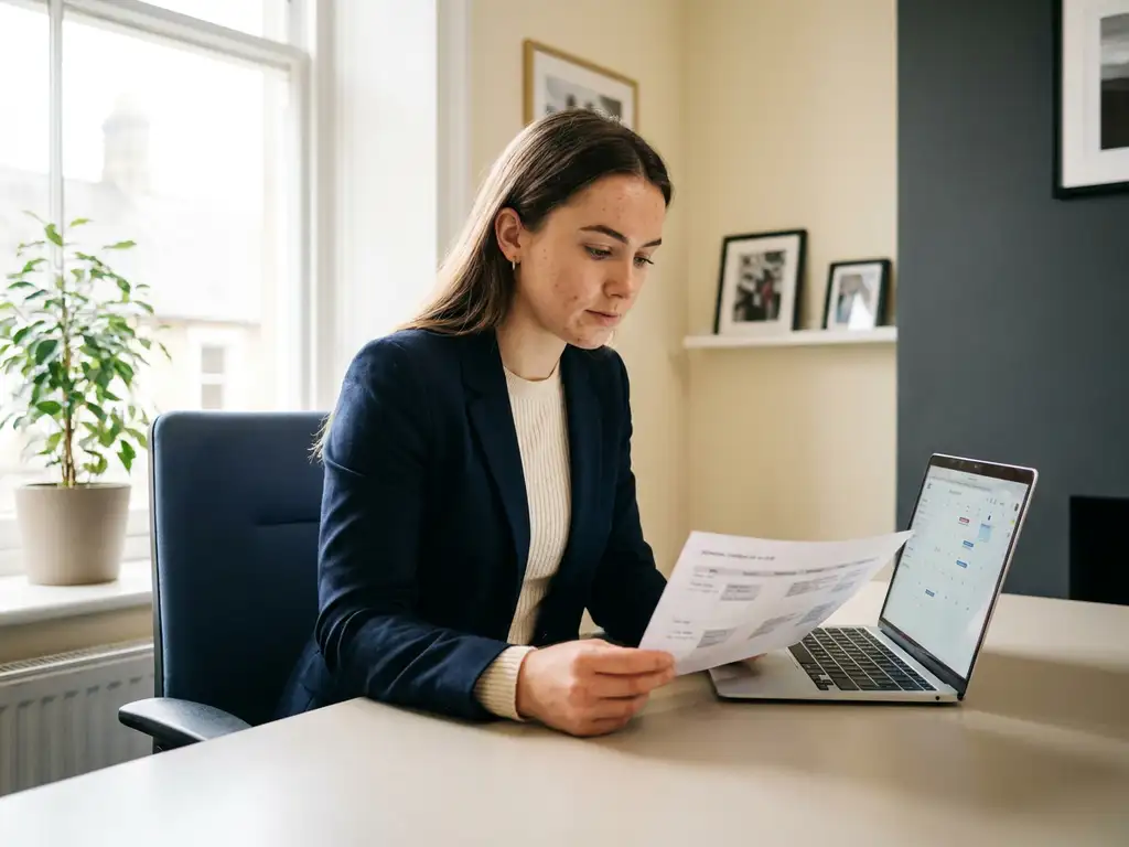 Junger Auszubildender prüft gedruckten Dienstplan am Schreibtisch der HR-Abteilung, Laptop daneben, warmes Tageslicht.