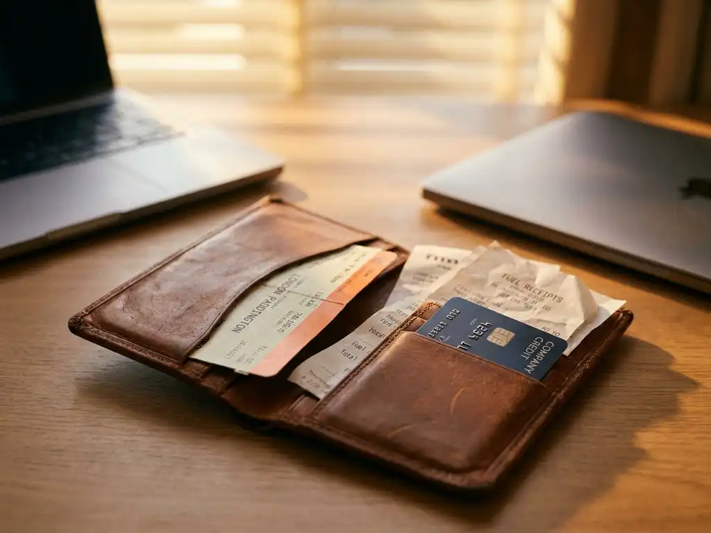 Geöffnetes Leder-Reiseportemonnaie mit Zugticket, Tankbelegen und Firmenkreditkarte auf Schreibtisch, Laptop im Hintergrund.