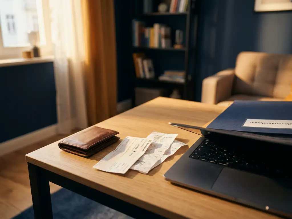 Ledergeldbörse, Zugticket und Tankquittungen auf modernem Schreibtisch neben Laptop und deutschem Steuerordner, goldenes Licht.