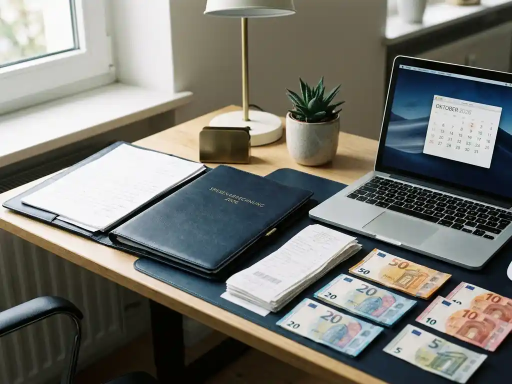Aufgeschlagener Spesenberichtsordner aus Leder neben Laptop, Quittungen, Euroscheinen und Kalender 2026 auf ordentlichem Büroschreibtisch.