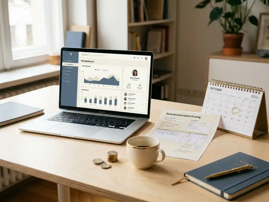Aufgeräumter Schreibtisch mit Reisekostenabrechnung, Laptop mit HR-Dashboard, Kalender 2026 und Euromünzen auf Birkenholz.