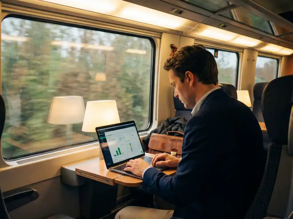 Geschäftsreisender im modernen Zugabteil mit geöffnetem Laptop und Zeiterfassungs-Software, Ledertasche daneben, deutsches Landschaft im Hintergrund.
