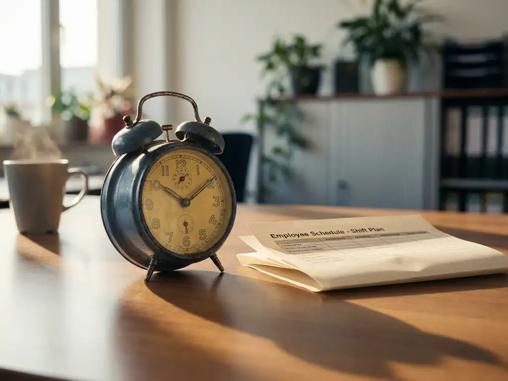Veraltete Analoguhr neben gefaltetem Dienstplan auf einem Büroschreibtisch im weichen Morgenlicht.