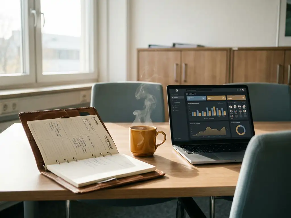 Aufgeschlagener Lederkalender auf Sonntag neben Laptop mit HR-Software-Dashboard und dampfender Kaffeetasse im deutschen Büro.