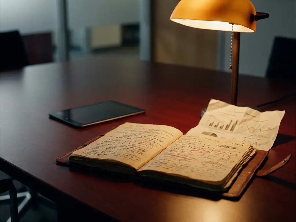 Aufgeschlagenes Ledger-Notizbuch mit handschriftlichen Ausgaben und roten Korrekturen auf poliertem Konferenztisch, umgekehrtes HR-Tablet daneben.
