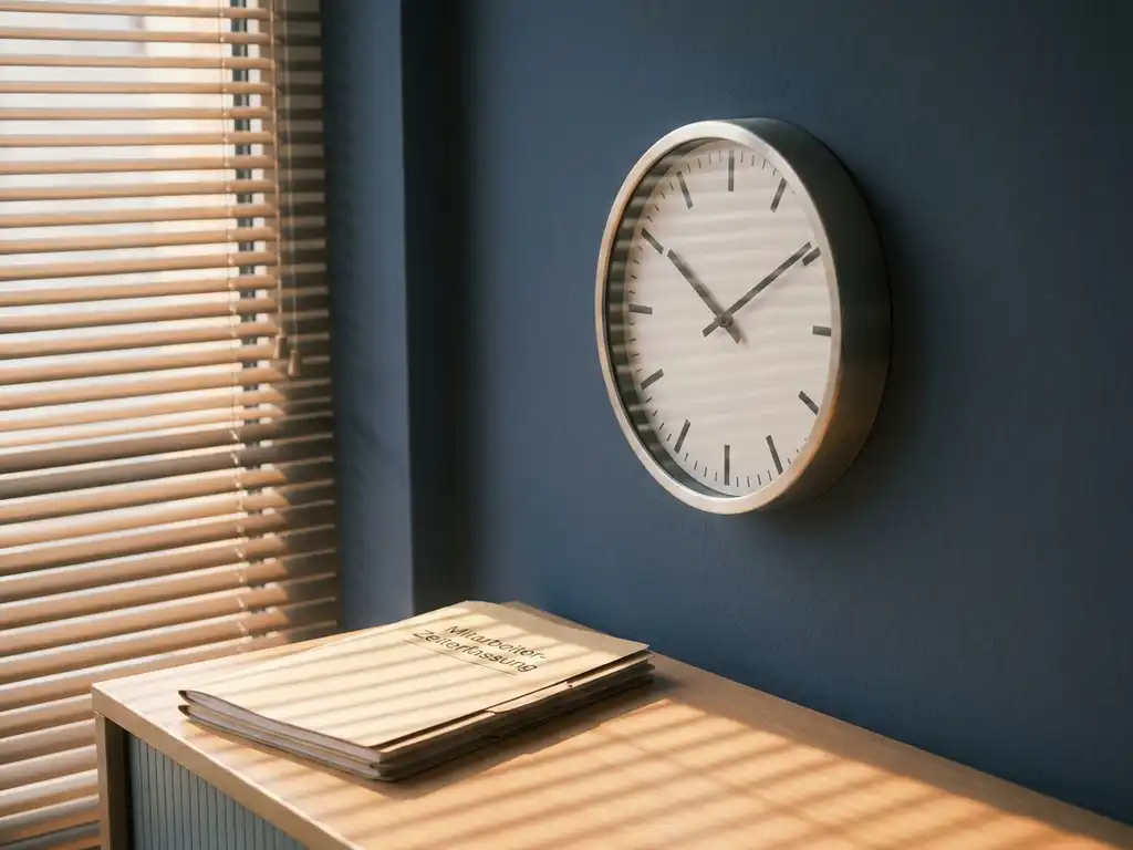 Analoge Wanduhr in modernem Büro mit Mitarbeiterzeiterfassungsmappe auf dem Schreibtisch, warmes Nachmittagslicht durch Jalousien.