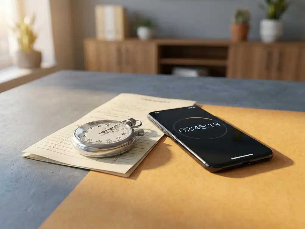 Analoge Stoppuhr und Smartphone mit Zeiterfassungs-App auf modernem Schreibtisch, daneben ein Stundenzettel, warmes Seitenlicht.