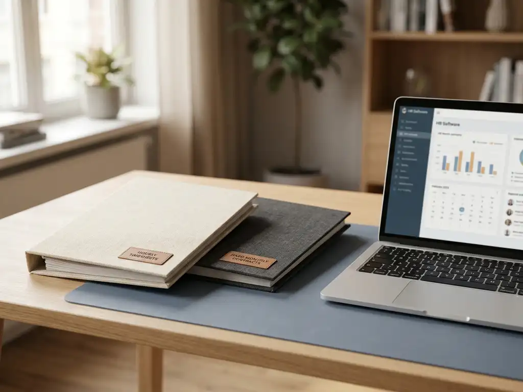 Zwei Gehaltsordner auf modernem Büroschreibtisch – einer mit Stundennachweisen, einer mit Festverträgen – Laptop mit HR-Software im Hintergrund.