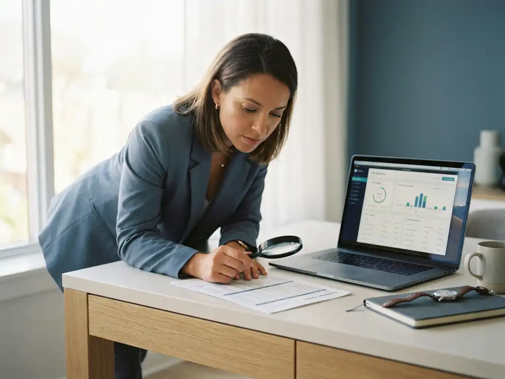HR-Managerin prüft gedruckten Stundenzettel am modernen Schreibtisch, daneben Laptop mit digitalem Zeiterfassungs-Dashboard und Armbanduhr.