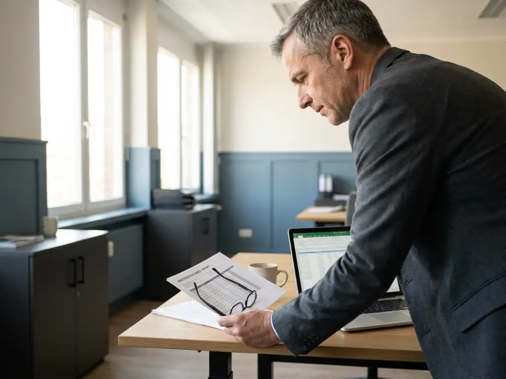 HR-Managerin prüft ausgedruckten Stundenzettel am modernen Büroschreibtisch mit Laptop und Lesebrille im natürlichen Licht.