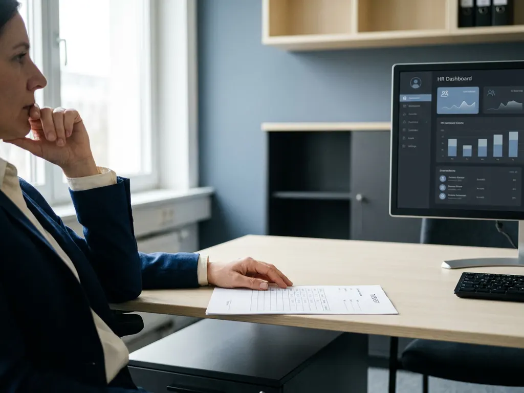 Manager im Blazer prüft unsigned Stundenzettels am minimalistischen Schreibtisch, HR-Software auf Monitor im Hintergrund.