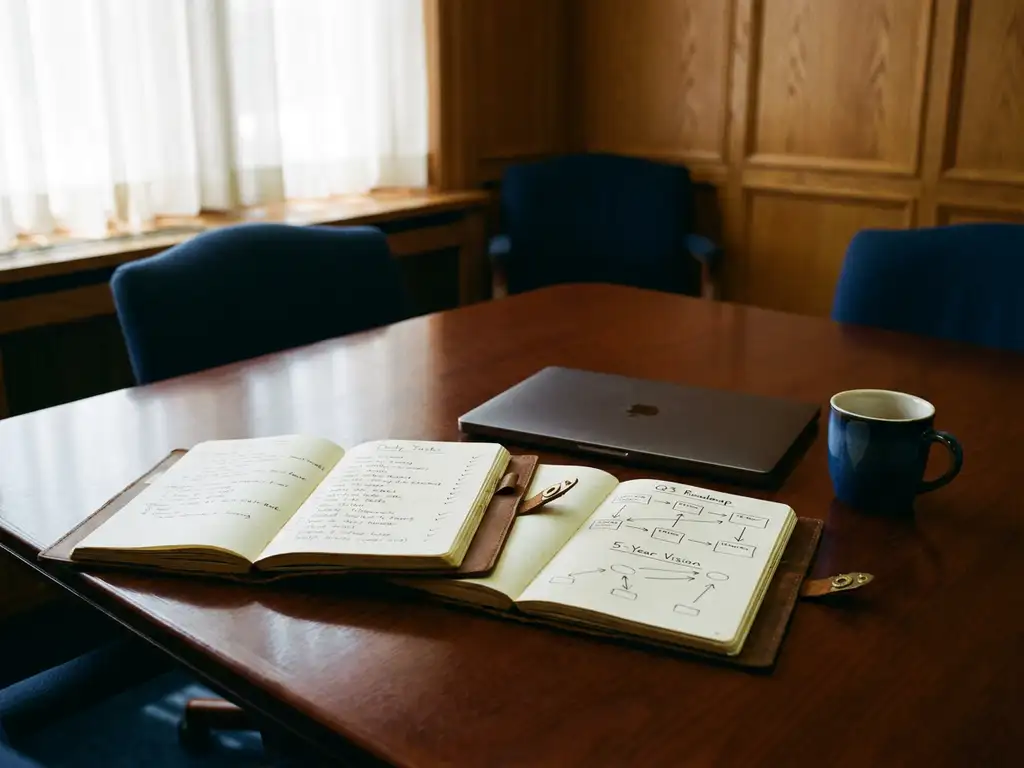Zwei aufgeschlagene Leder-Notizbücher auf poliertem Holztisch — eines mit Aufgabenlisten, eines mit Roadmap-Diagrammen — daneben Laptop und Kaffeetasse.