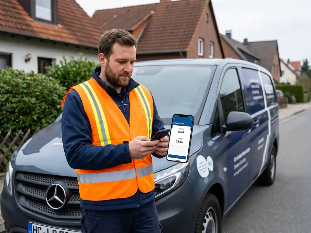 Außendiensttechniker in Warnweste prüft Zeiterfassungs-App auf Smartphone neben Firmenvan in deutscher Vorstadt.