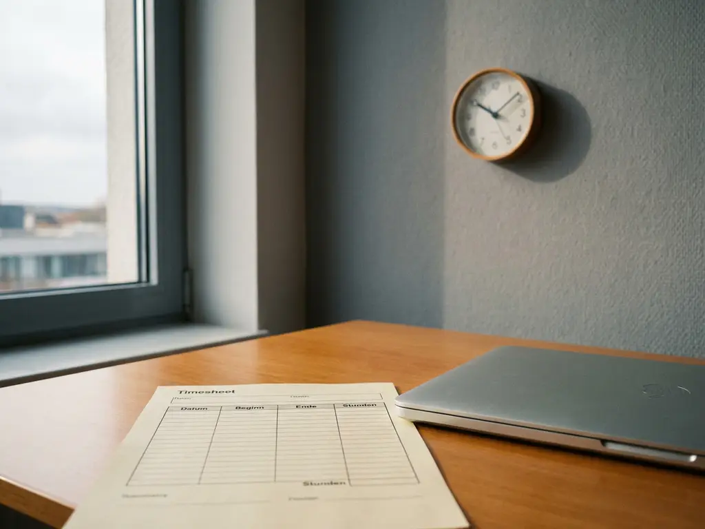 Stundenzettel für Teilzeitkraft auf Schreibtisch neben Laptop und analoger Wanduhr in warmem Bürolicht.