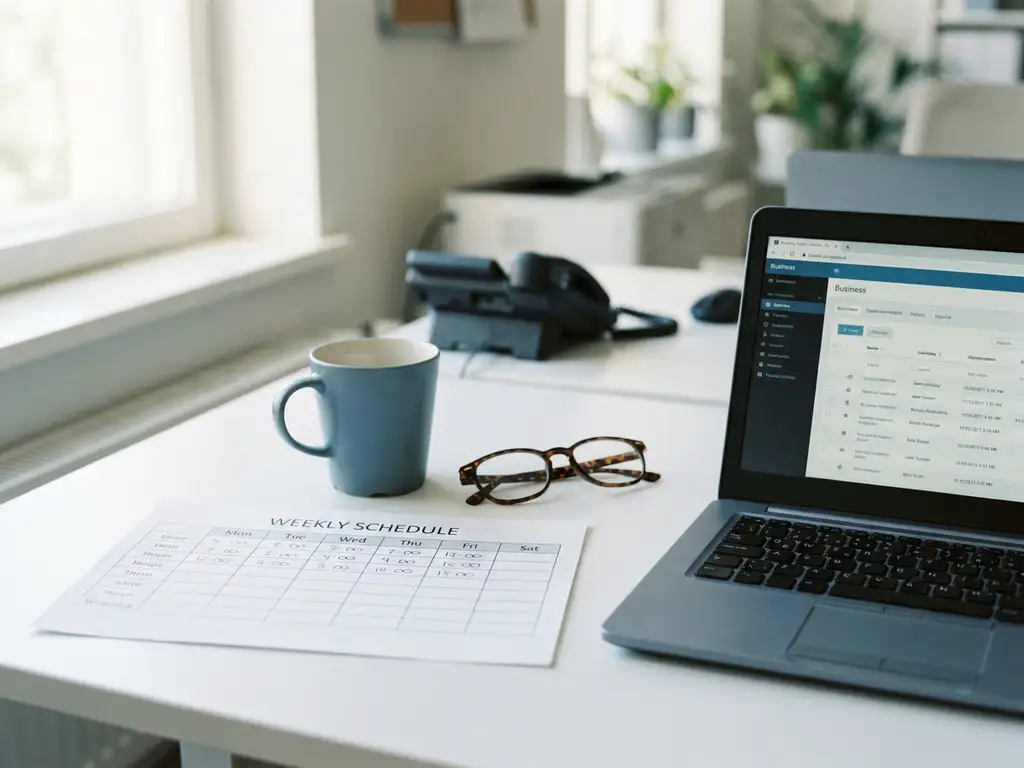 Gedruckter Wochenstundenzettel eines Teilzeitbeschäftigten neben Laptop, Kaffeetasse und Lesebrille auf aufgeräumtem Büroschreibtisch.