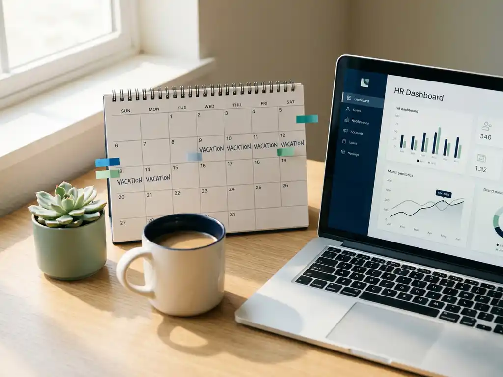 Aufgeschlagener Schreibtischkalender mit markierten Urlaubstagen, Laptop mit HR-Dashboard, Kaffeetasse und Sukkulente im warmen Bürolicht.