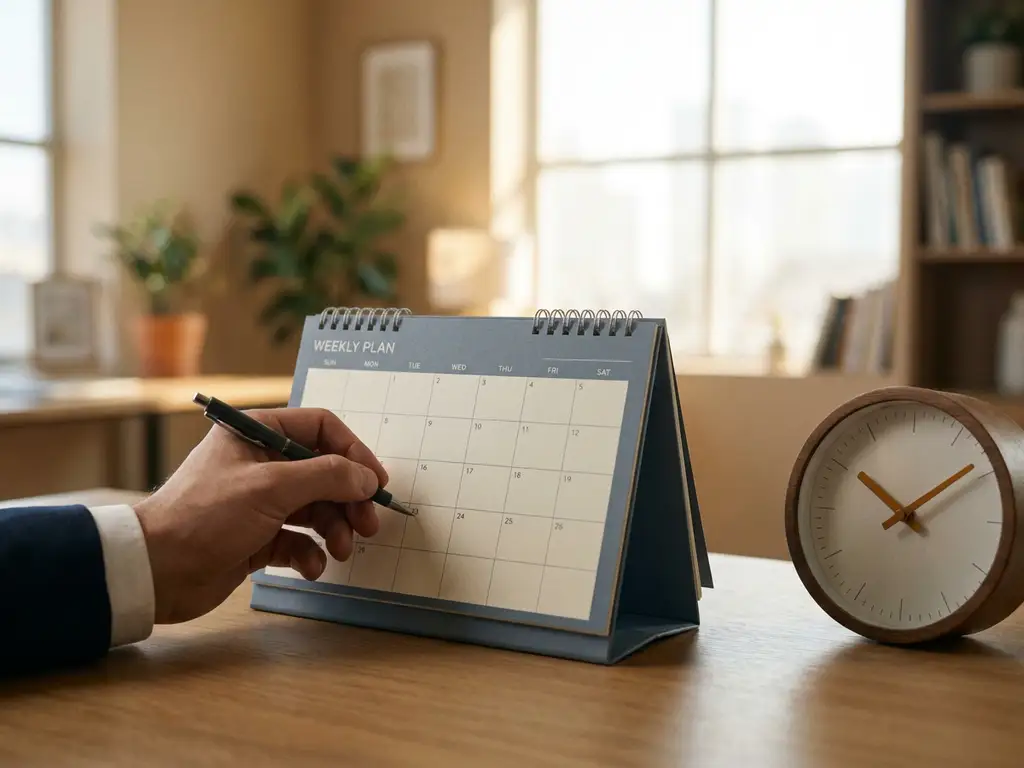 Geöffneter Wochenkalender mit analoger Uhr auf einem Schreibtisch, Hand trägt Arbeitszeiten ein, warmes Morgenlicht.
