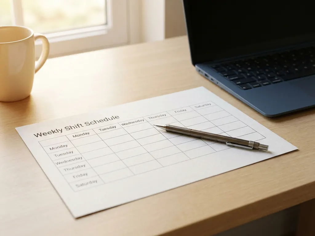 Wöchentlicher Schichtplan auf weißem Papier auf modernem Schreibtisch, daneben aufgeklappter Laptop und Druckbleistift, weiches Morgenlicht.