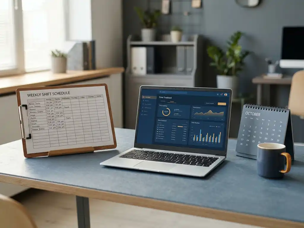 schichtplan zeiterfassung buero kalender laptop.jpg Wochendienstplan auf Klemmbrett neben Laptop mit Zeiterfassungs-Dashboard, Tischkalender und Kaffeetasse im modernen Büro.
