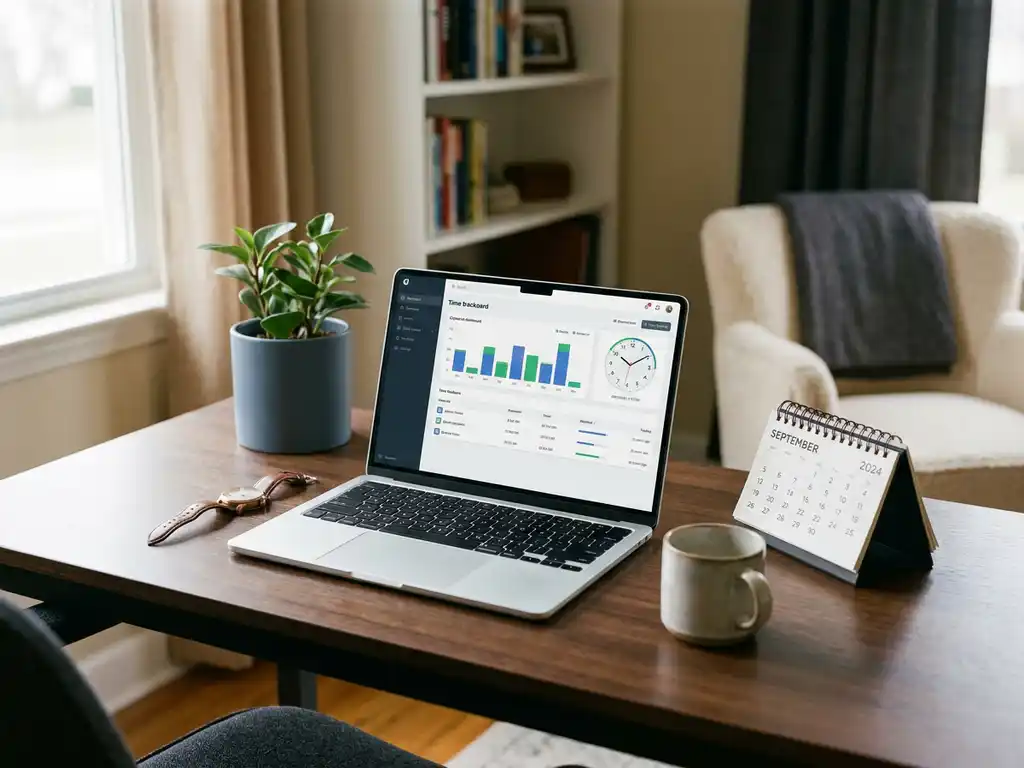 Laptop mit geöffnetem Zeiterfassungs-Dashboard auf einem Homeoffice-Schreibtisch, daneben Armbanduhr und Kalender, warmes Tageslicht.