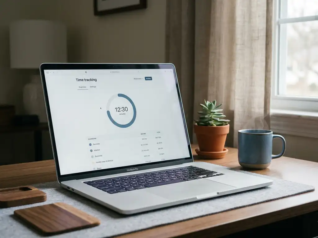 Laptop mit digitaler Zeiterfassungssoftware auf einem aufgeräumten Homeoffice-Schreibtisch, Kaffeetasse und Zimmerpflanze im Hintergrund.