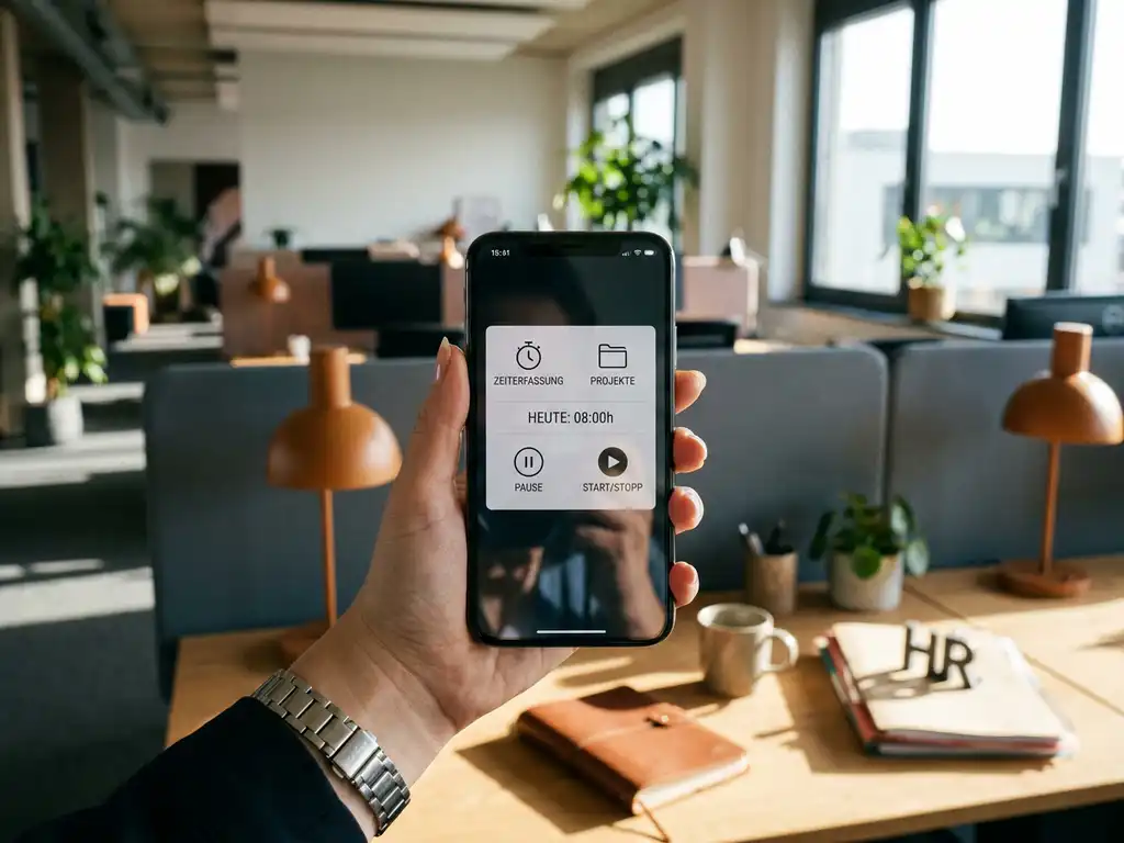 Hand hält Smartphone mit Zeiterfassungs-App in modernem Büro mit weichem Bokeh-Hintergrund.
