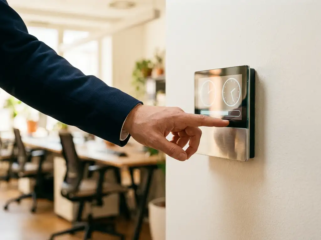 HR-Managerin tippt auf modernem Zeiterfassungsterminal an Bürowand, digitales Display mit Uhrsymbolen, offenes Büro im Hintergrund.