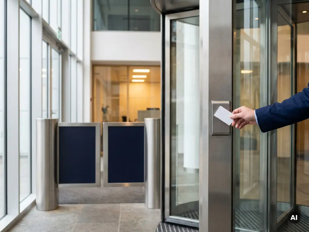 Professionelle Hand hält weiße Zugangskarte an elektronischen Kartenleser eines modernen Bürogebäudes mit Sicherheitsschleuse.